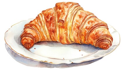 watercolor illustration of a croissant , lay on plate, isolated on white backdrop
