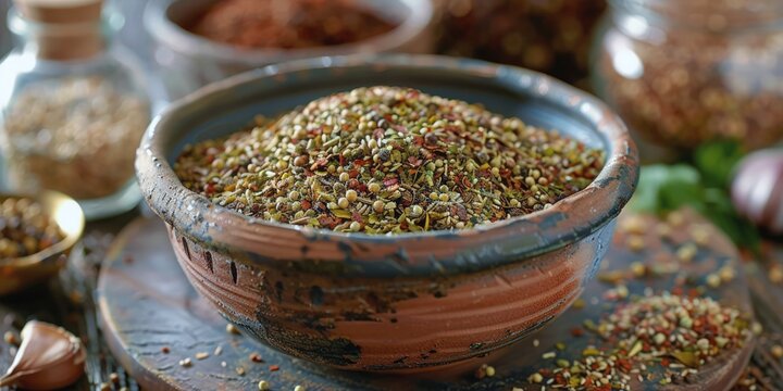 Traditional za'atar spice mix in rustic bowl, the essence of Middle Eastern cuisine