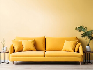 Yellow sofa with cushions on the wall background, blank wall mock-up for promotional products