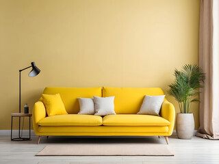 Yellow sofa with cushions on the wall background, blank wall mock-up for promotional products