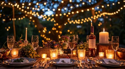 Enchanted Evening: Romantic Outdoor Dinner Setup with Twinkling Lights and Fine Wine