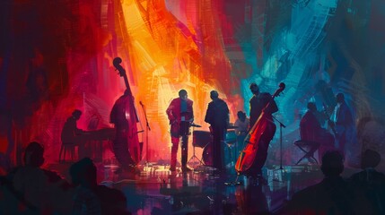 Abstract Jazz Band Performance Painting with Vivid Colors and Urban Silhouettes