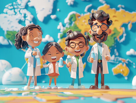 Cheerful 3D cartoon showing a global network of scientists and activists working together to address a global catastrophe promoting cooperation