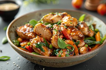 Savory Glazed Chicken Stir-fry with Snap Peas, Red Bell Pepper, and Sesame Seed Garnish