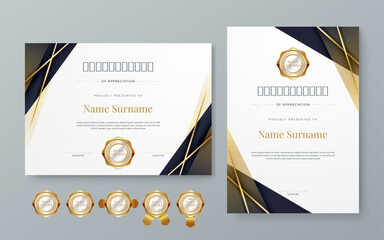 Black white and gold certificate of appreciation border template with luxury badge and modern line and shapes. Certificate of achievement, awards diploma, education, school