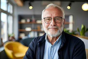Obraz premium A portrait of a confident senior businessman in a modern office setting, facing the camera with a smile