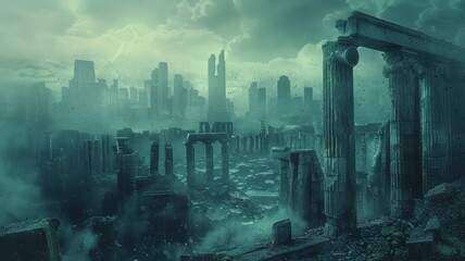 Ancient ruins with a new city skyline in the background, merging past and future - obrazy, fototapety, plakaty