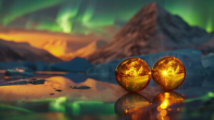 Two glowing orbs with a fiery interior stand against a dramatic landscape with auroras in the sky - obrazy, fototapety, plakaty