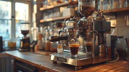 Barista's coffee tamper and espresso machine in a cozy cafe - obrazy, fototapety, plakaty