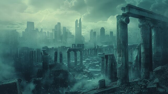 Ancient ruins with a new city skyline in the background, merging past and future