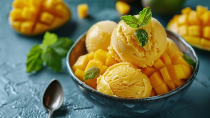 Passion fruit sorbet with mango pieces - obrazy, fototapety, plakaty