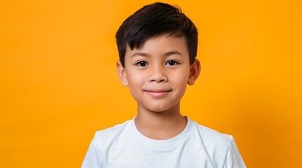 Portrait of a happy Asian boy smiling at the camera with a bright yellow background - obrazy, fototapety, plakaty