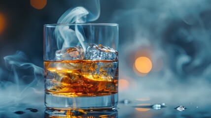 A glass of Scotch whisky with a single ice cube, and smoke