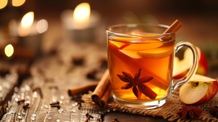 A glass of spiced apple cider with a cinnamon stick and apple slice