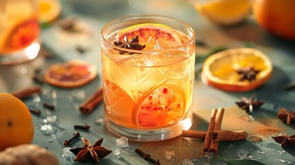 A glass of spiced rum punch with fruit slices and spices - obrazy, fototapety, plakaty