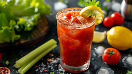 A glass of spicy Bloody Mary with celery, lemon, and a salted rim