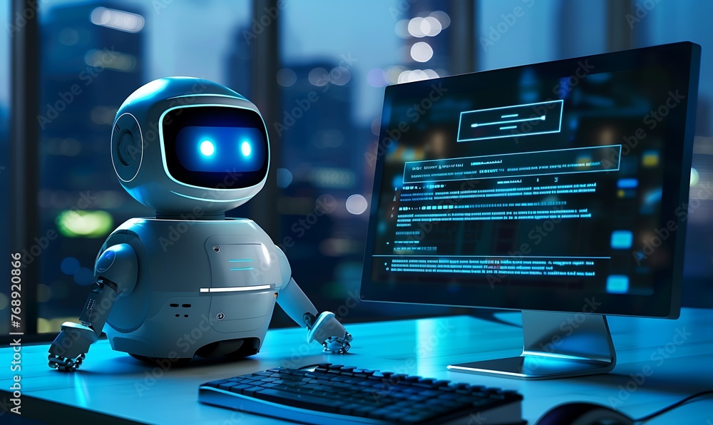 Leinwandbilder On the computer screen, an image of a chatbot is shown, symbolizing interaction with the AI assistant