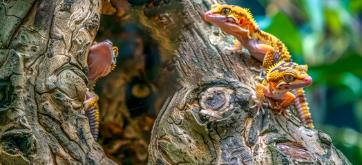 Colorful geckos on a textured tree bark - obrazy, fototapety, plakaty