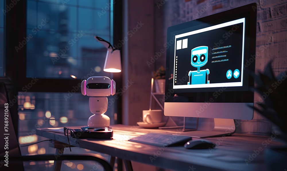Leinwandbilder On the computer screen, an image of a chatbot is shown, symbolizing interaction with the AI assistant