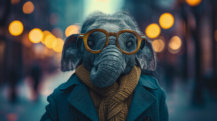 A cartoon elephant wearing glasses and a scarf. The elephant is standing in front of a city street with lights