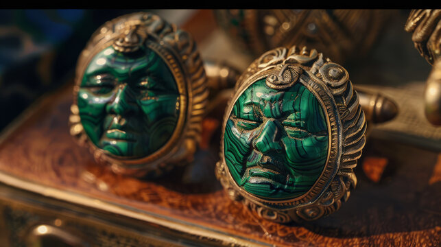 Two ornate earrings with malachite in the shape of theatrical masks, reflecting craftsmanship and luxury