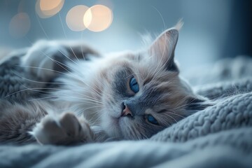 A calm blueeyed ragdoll cat enjoys the peacefulness of a cozy morning basking in soft light, Generated by AI.