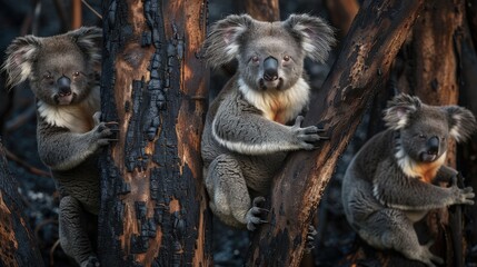 Naklejka premium A group of koalas clinging weakly to charred eucalyptus trees, their fur singed and their eyes red-rimmed from smoke and sickness. The devastation of their habitat is reflected in their desperate 