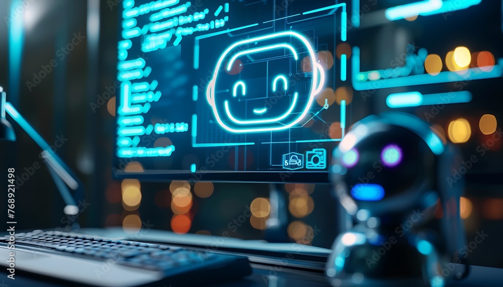Fototapete On the computer screen, an image of a chatbot is shown, symbolizing interaction with the AI assistant