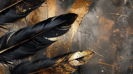 Beautiful abstract color black and gold feathers. Ai generative.