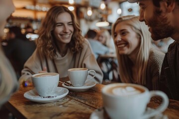 Happy young people chatting and having coffee on a friends date, Generative AI