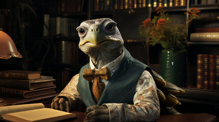 A turtle wearing a suit and tie sits at a desk with a book in front of him. The scene is set in a library, with many books surrounding the turtle. The turtle appears to be reading or writing