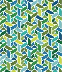 Abstract geometric shapes on a white background. Seamless repeating pattern with small multi-colored curved rectangles in yellow, green, and blue. Mosaic with a modern and intricate design.