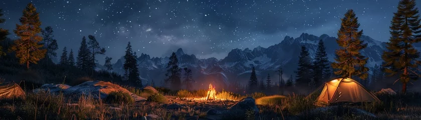 Fotobehang Wilderness camping under the stars, crackling fire, night sky wonder, evening tranquility , 3D render © NatthyDesign