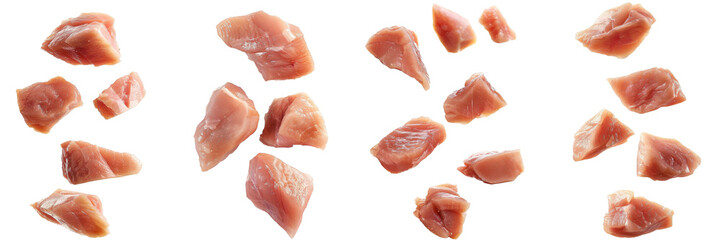 Set of Falling Raw chicken, fillet, isolated on white background, clipping path, full depth of field