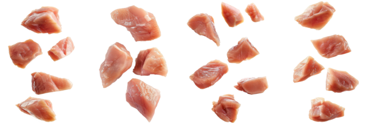 Set of Falling Raw chicken, fillet, isolated on white background, clipping path, full depth of field