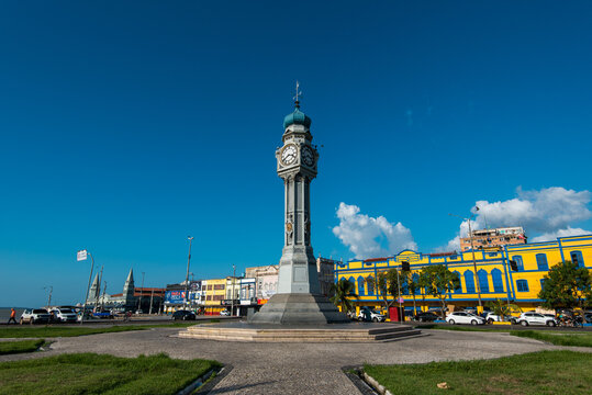 Belem, Brazil - December 24, 2023: Siqueira Campos Square, also known as Clock Square. The 12 meter high iron clock was built in 1930.