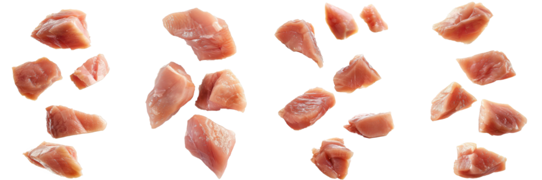 Set of Falling Raw chicken, fillet, isolated on white background, clipping path, full depth of field
