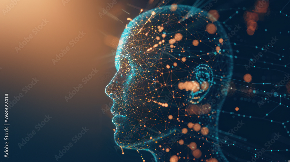 Poster stunning visual representing a digital human face made with mesh particles and glowing connections s