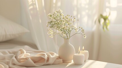 Small white vase with flowers on table near window with curtains and candle