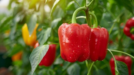 Organically grown ripe bell pepper flourishing in controlled greenhouse environment
