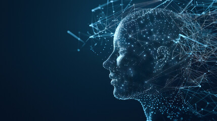 A graphic representation of a digital human head illustrating futuristic concepts of AI and machine learning with a blue tone