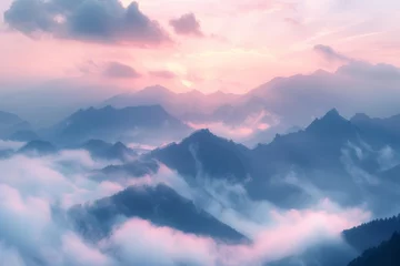 Deurstickers Mountain range under cloud cover during sunset with colorful afterglow © Gromik