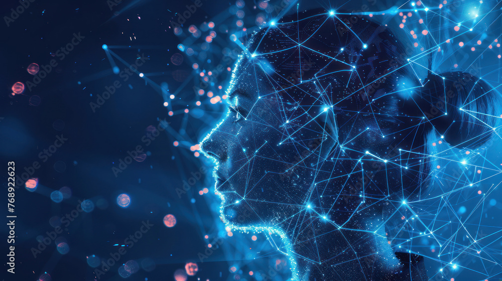 Poster a front-facing digital human face made with glowing blue dots and lines illustrating complex network