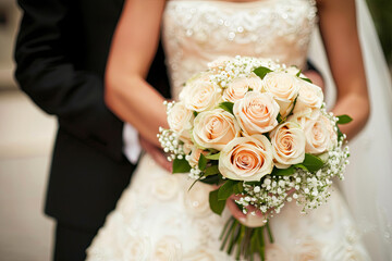 Obraz na płótnie Canvas A wedding couple holding a bouquet of light roses, capturing a moment of romance