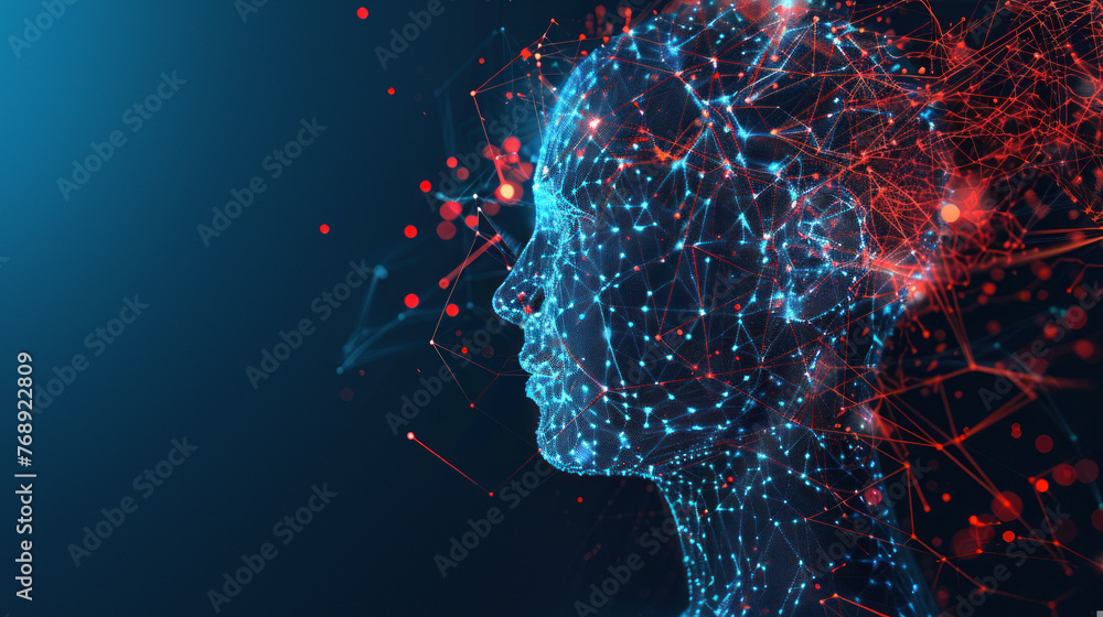 Poster vivid red and blue neural network visualization within the shape of a human head profile, symbolizin