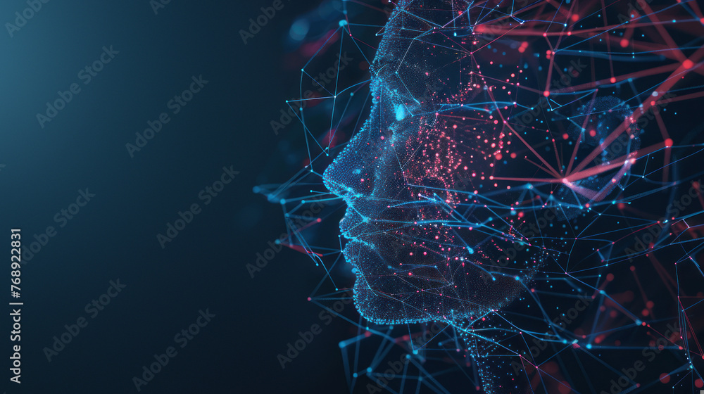 Poster striking side-view of human head composed of mesh particles with red highlighting, suggesting themes