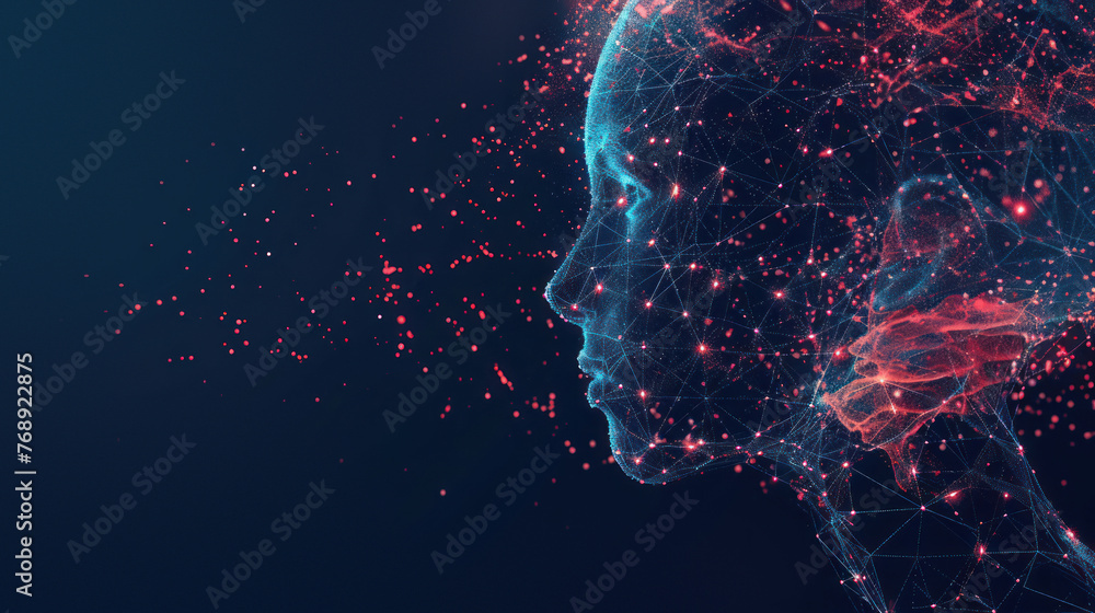 Poster a 3d digital render of a human profile created with mesh particles against a dark background symboli