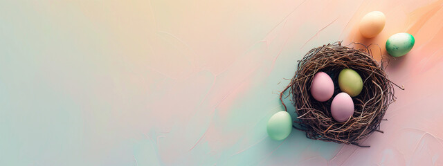 Easter holiday celebration banner greeting card with pastel painted eggs in bird nest on bright blue backround tabel texture. Top view, flat lay with copy space 