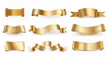 Set of gold banner label ribbons with white background. Generated by artificial intelligence.