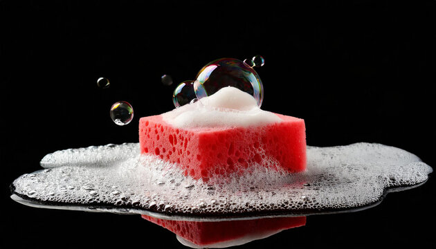 Soap foam with bubbles and red sponge, black background.